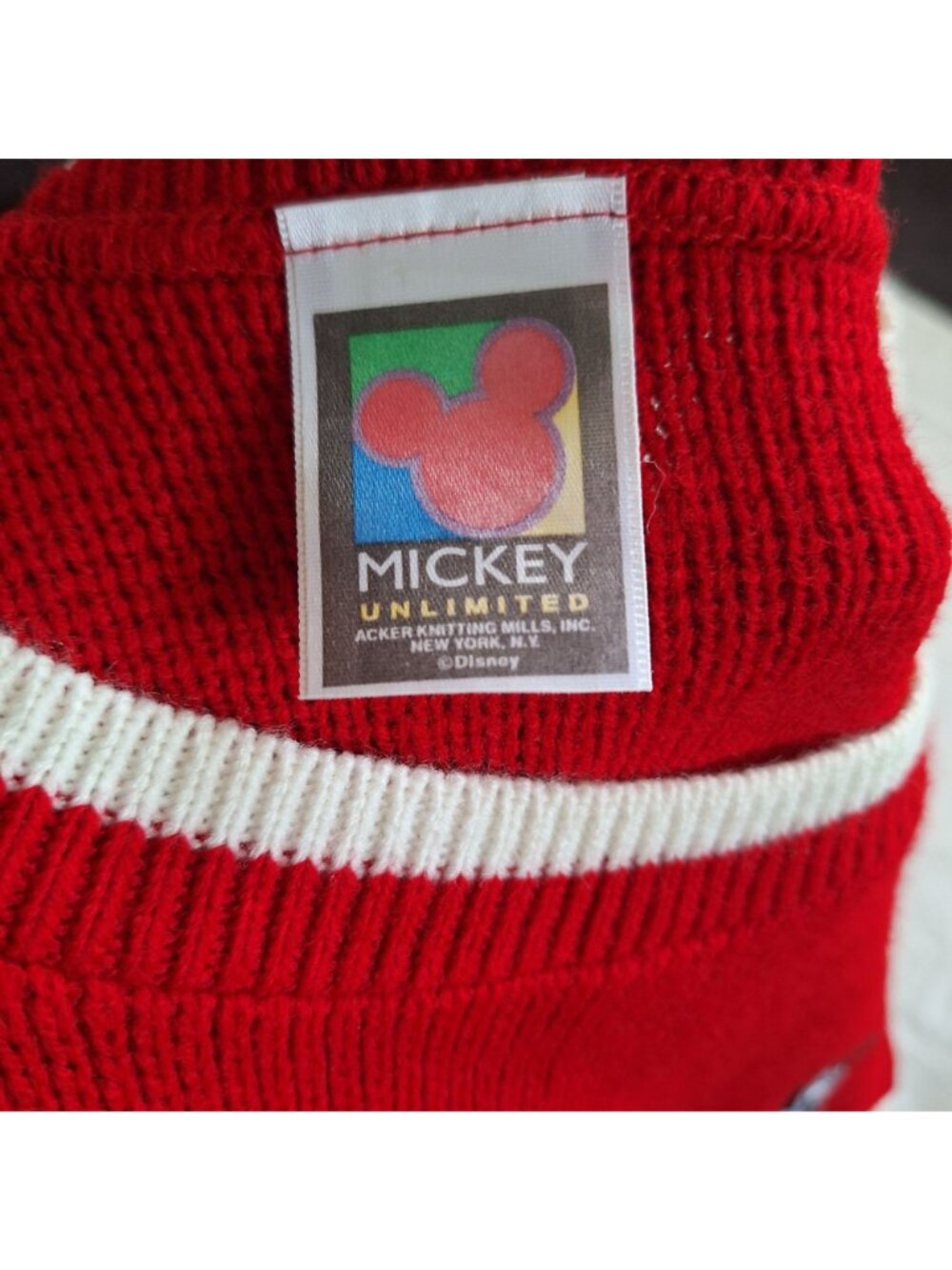 Mickey Unlimited Sweater L Vintage 90s Embroidered Patch Red Black Kids Large - Picture 3 of 14